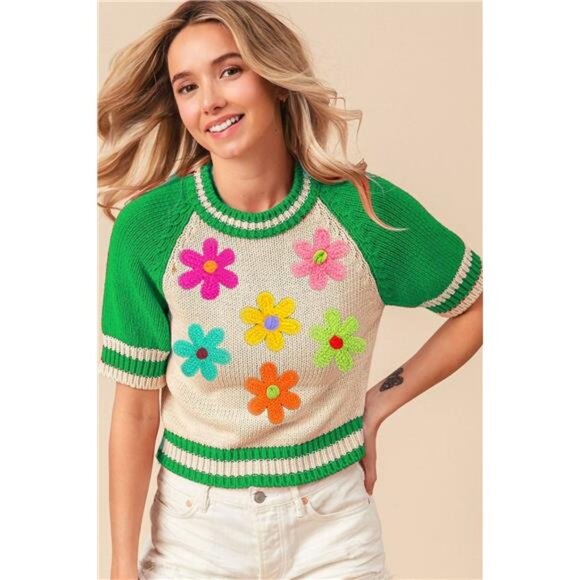BiBi Sweaters - BiBi Crochet Flower Patches Striped Rib Band Sweater